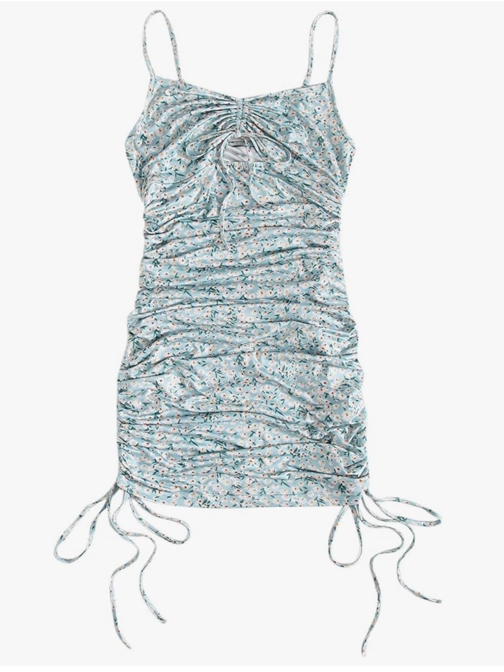 Light Blue Floral Ruched Midi Dress